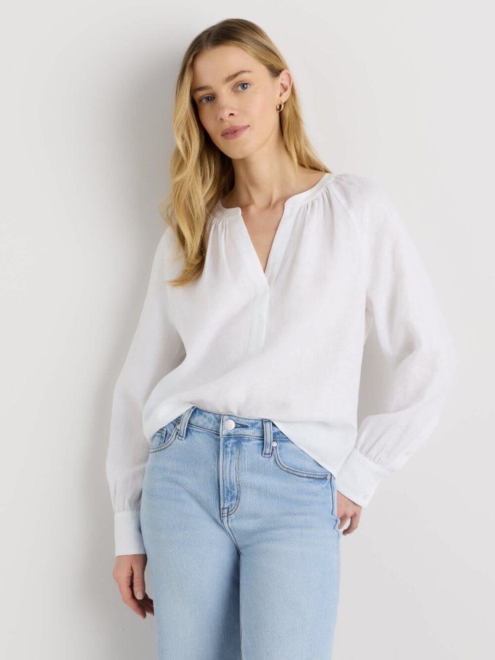 European Linen Peasant Top in White